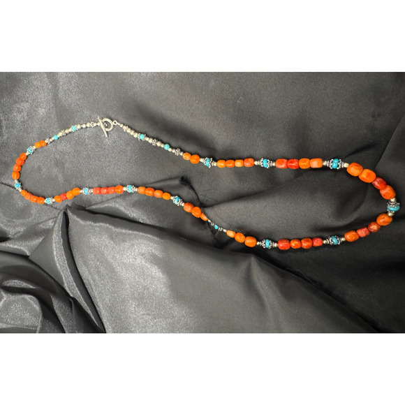 Coral Turquoise Beaded Necklace Sterling Silver Southwestern 28" Stone Natural - Picture 7 of 9